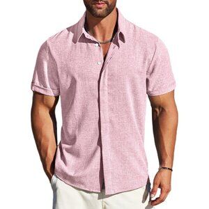 Men's Pink Linen Short Sleeve Button Down Casual Shirt Business Dress